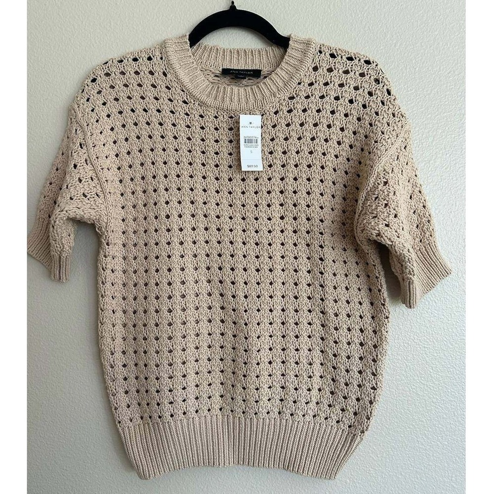 Ann Taylor Open Knit Sweater S Short Sleeve Cotton Minimalist Clean Girl Crochet